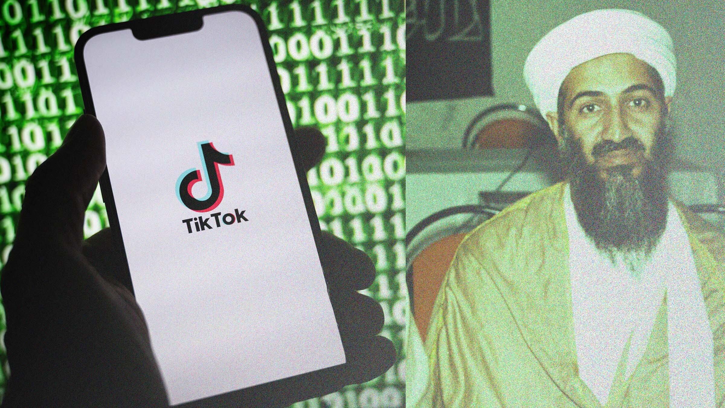 A photo of Osama bin Laden, the former head of al-Qaeda who planned the 9/11 attacks, seen next to an image of TikTok