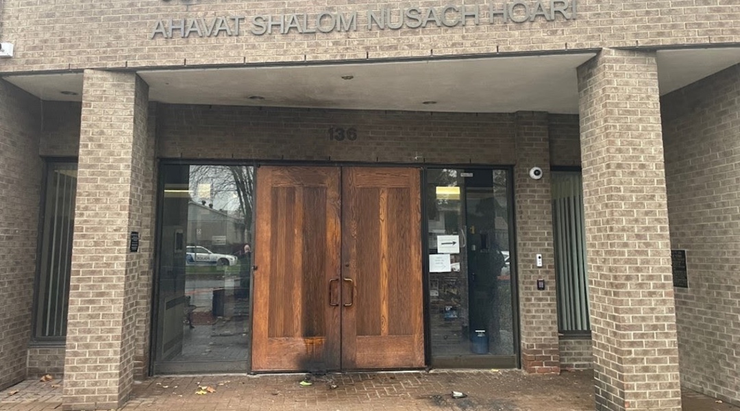 The front doors of Congregation Beth Tikvah in the Montreal suburb of Dollard-des-Ormeau were hit with a firebomb, Nov. 6, 2023. (B’nai Brith Canada)