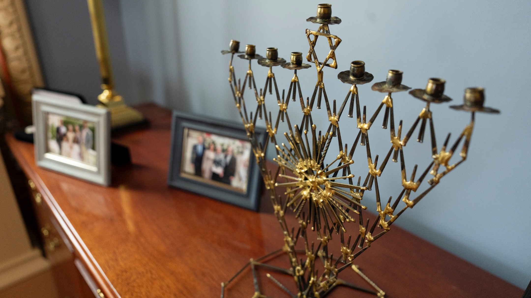 A menorah sits on the mantle of the Second Gentleman’s office, Wednesday, December 6, 2023, in the Indian Treaty Room of the Eisenhower Executive Office Building at the White House. (Official White House Photo by Oliver Contreras)