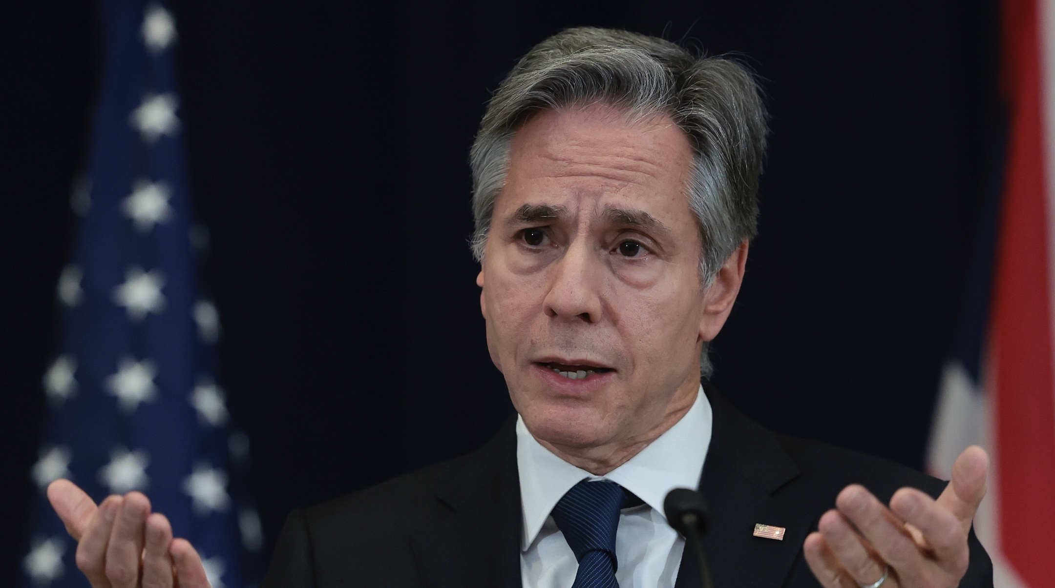 U.S. Secretary of State Antony Blinken answers questions during a press conference with British Foreign Secretary David Cameron at the State Department, Dec. 7, 2023. (Win McNamee/Getty Images)