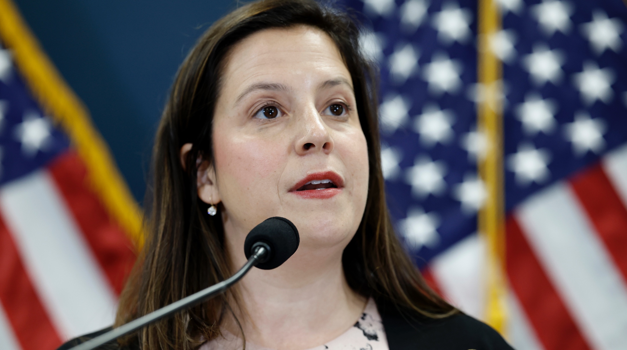 House Republican Conference Chair Rep. Elise Stefanik (R-NY) speaks to reporters at a press conference following a House Republican Conference meeting at the U.S. Capitol Building, July 18, 2023. (Anna Moneymaker/Getty Images)