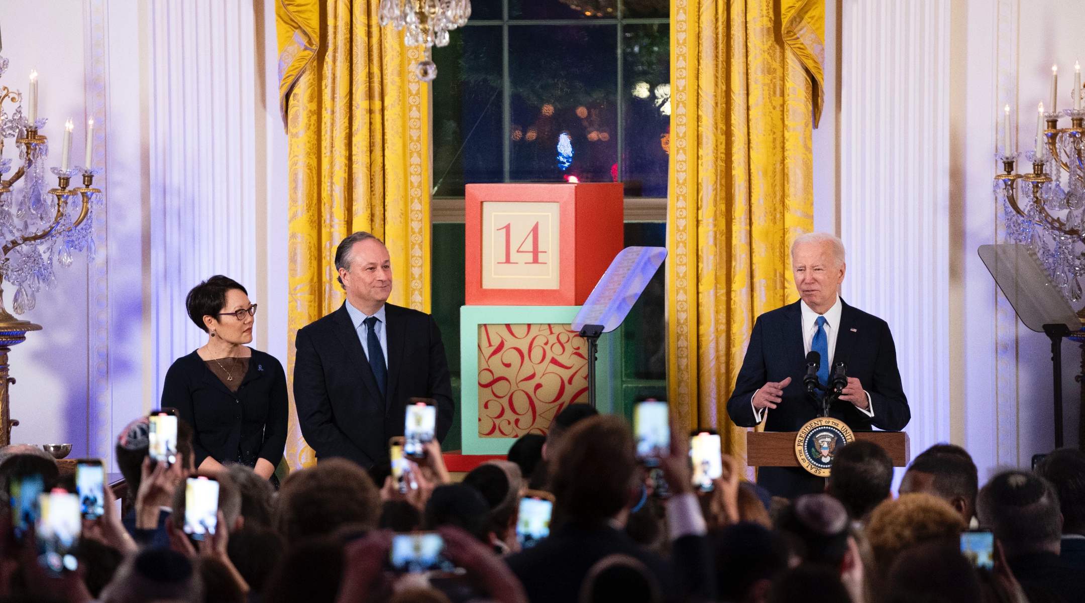U.S. President Joe Biden, Second Gentleman Doug Emhoff and Rabbi Angela Buchdahl of Central Synagogue in New York City host a Hanukkah reception in the East Room of the White House, Dec. 11, 2023. (Bonnie Cash-Pool/Getty Images)
