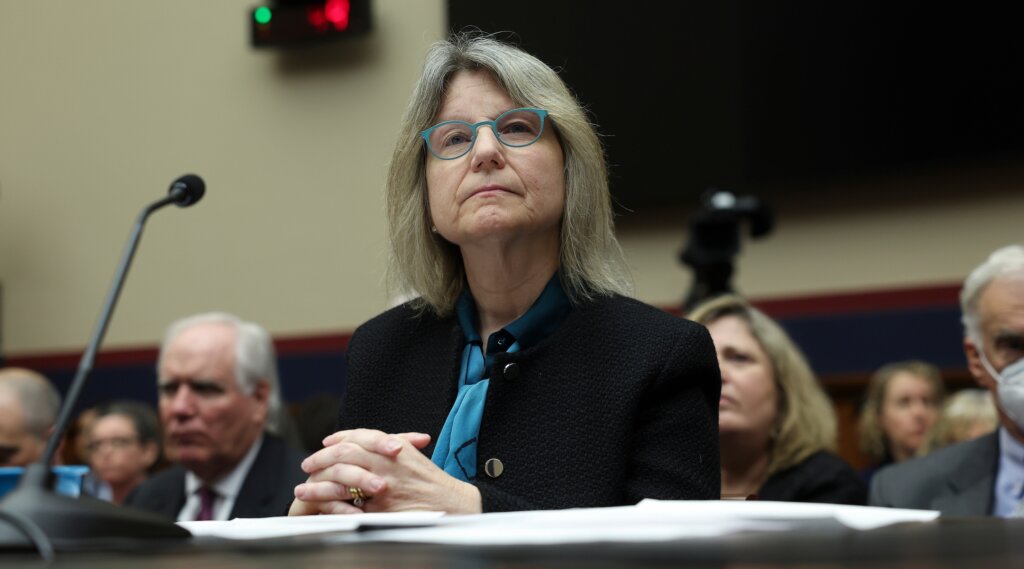 MIT President Sally Kornbluth testifying on antisemitism before a House committee in December.