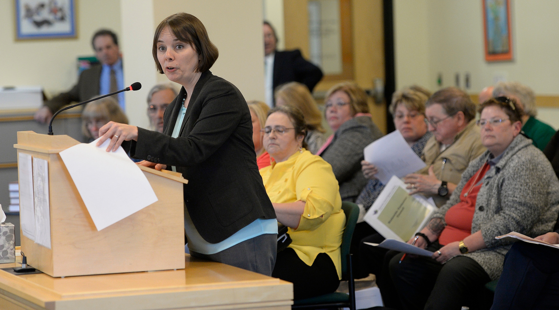 Shenna Bellows speaks at a hearing in Augusta, Maine, on May 2, 2017, while a Democratic state senator. Bellows would later become executive director of the Maine Holocaust and Human Rights Center and then, in 2020, the state’s Secretary of State. (Shawn Patrick Ouellette/Portland Portland Press Herald via Getty Images)