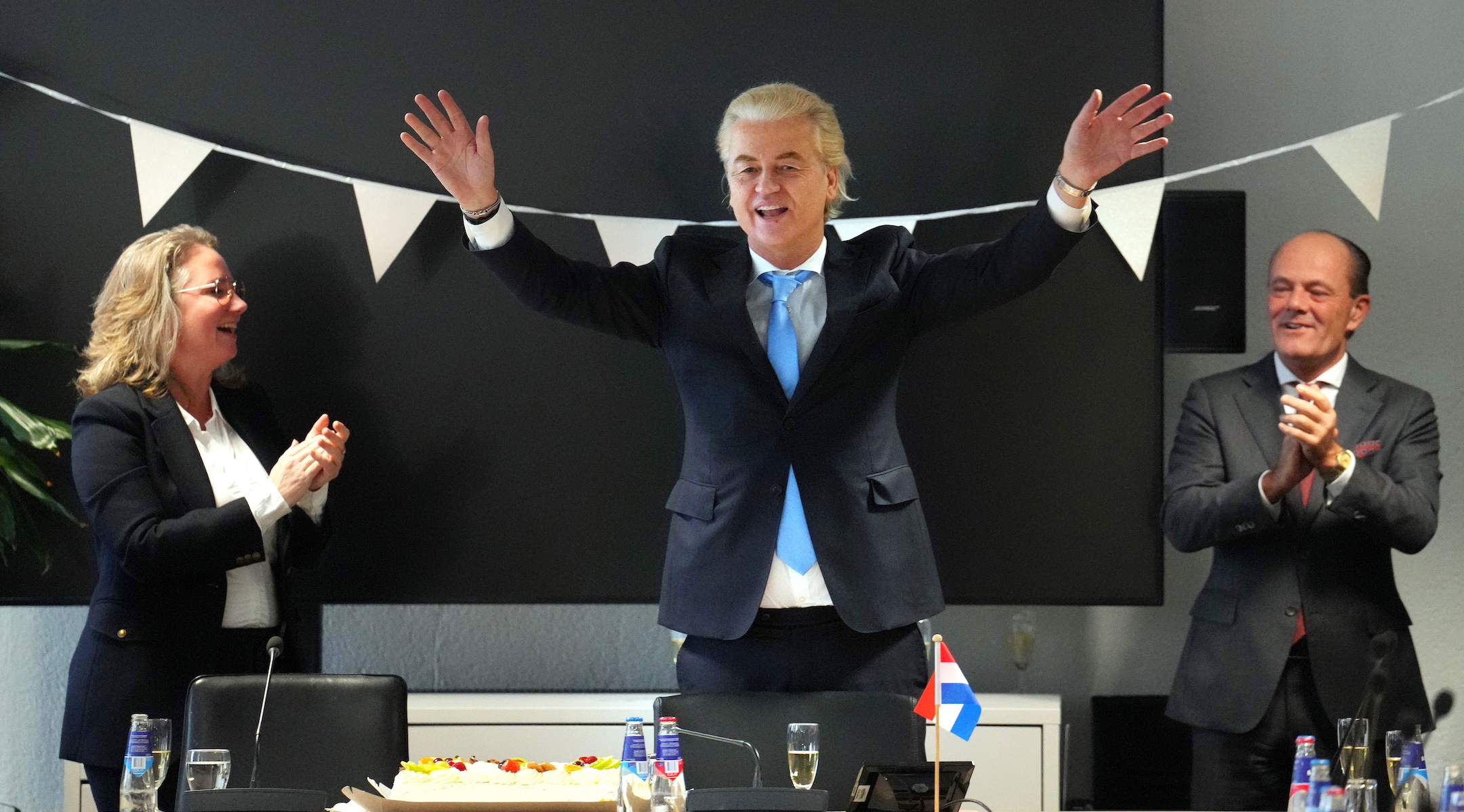 Geert Wilders celebrates in his PVV Party office in the Hague, Netherlands, after his victory in the Dutch general election, Nov. 23, 2023. (Carl Court/Getty Images)