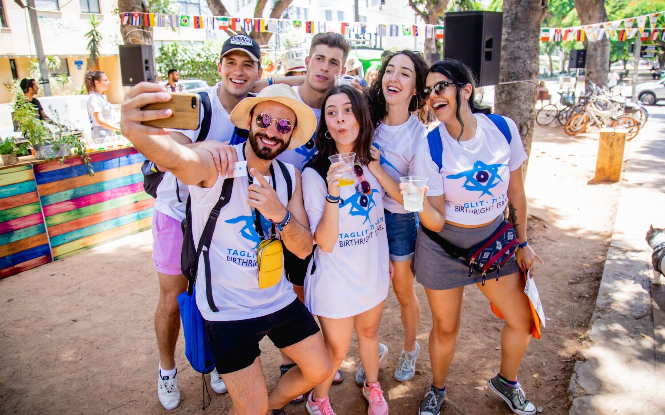 A group of Birthright Israel participants takes a selfie while touring the country on one of the group’s free trips for young adults. (Courtesy Birthright)