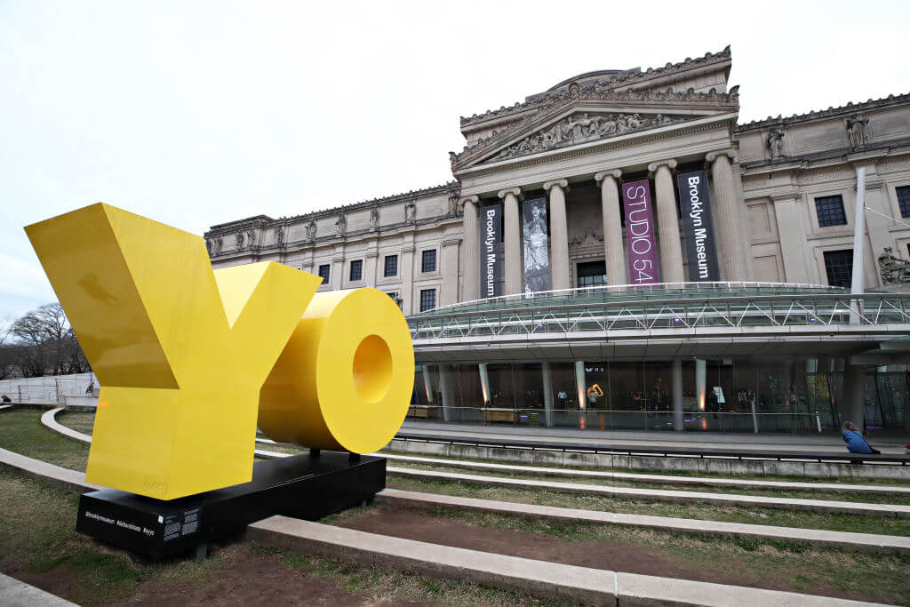 This photo from 2020 shows the exterior of the Brooklyn Museum with Deborah Kass' iconic sculpture on display. 