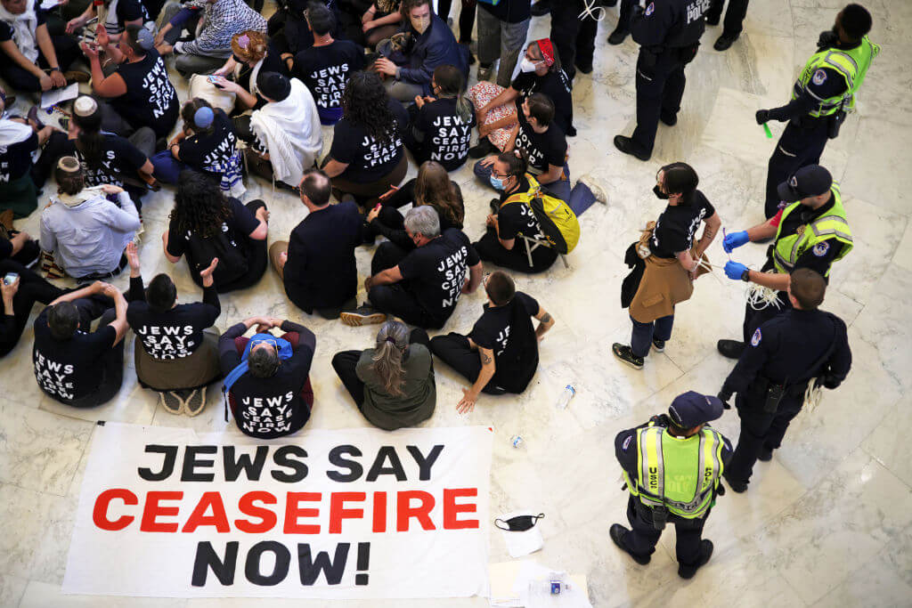 Members of the Jewish Voice for Peace and the IfNotNow movement at a rally in Washington, D.C., calling for a cease-fire in the Israel–Hamas war.