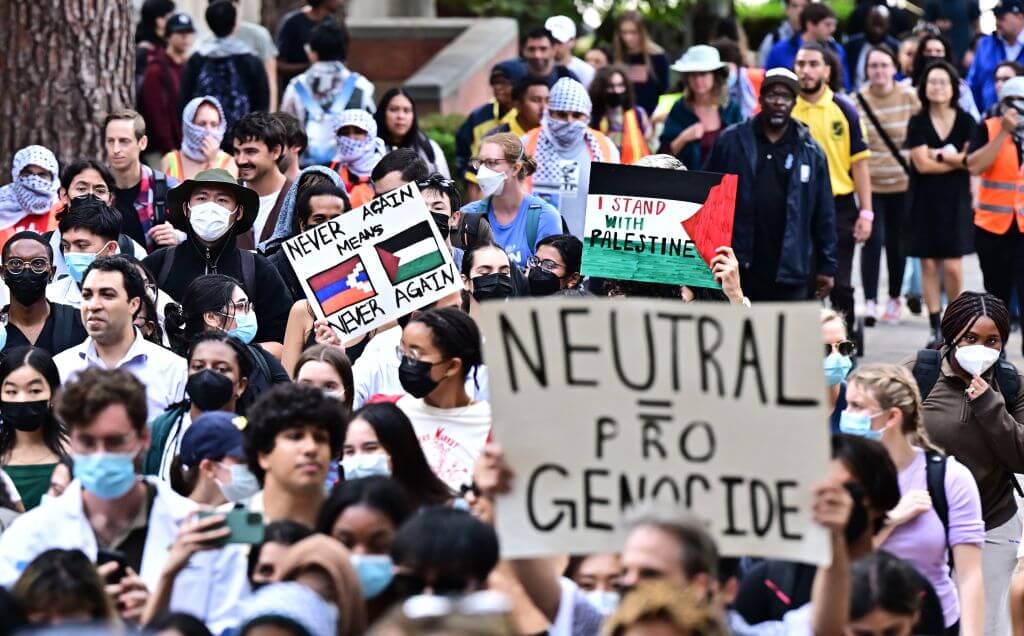 Students participate in a "Demonstration to fight against genocide and liberate Palestine" at Bruin Plaza at UCLA on October 25. 