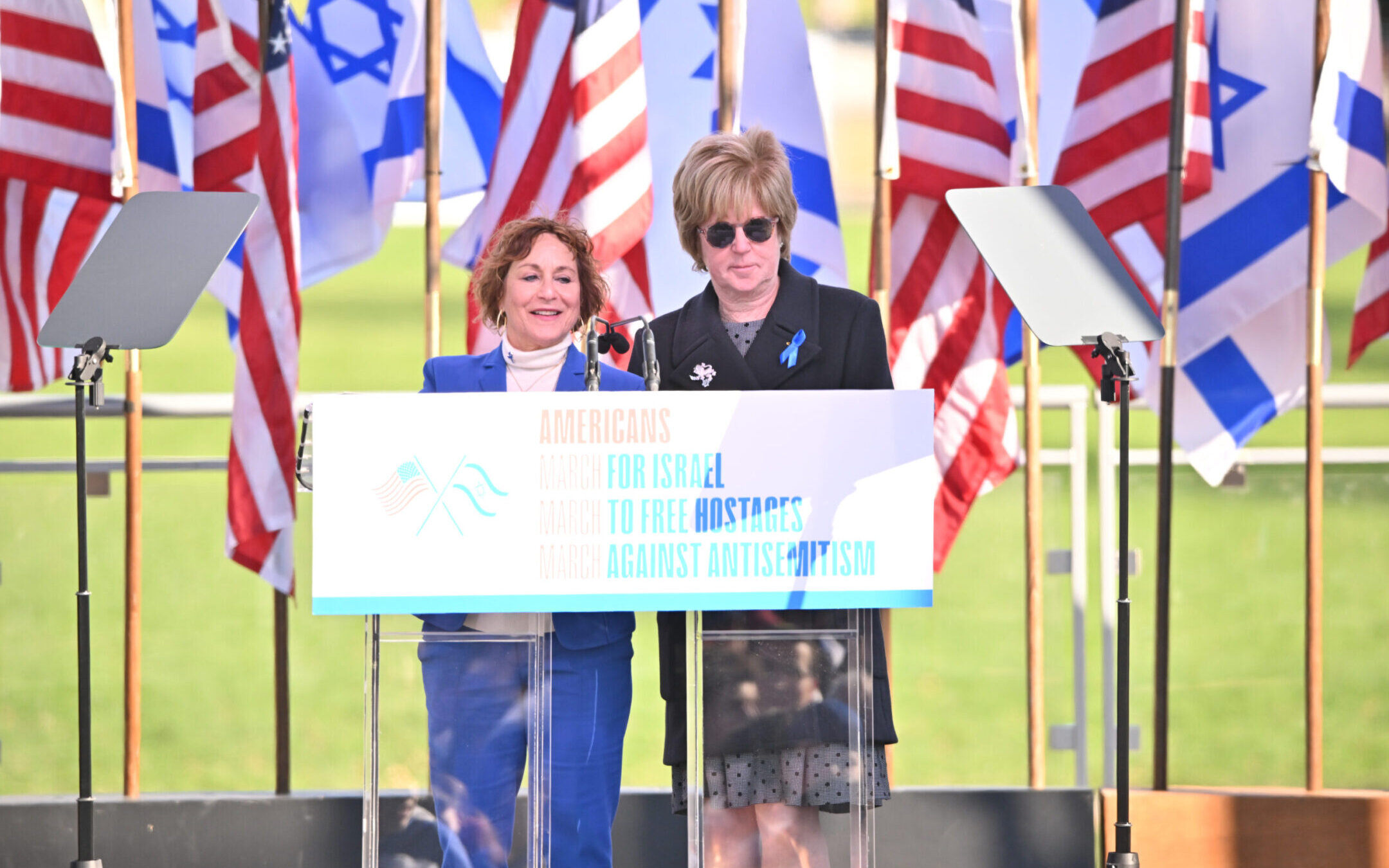 Harriet Schleifer, left, and Julie Platt speak during the March For Israel at the National Mall in Washington, D.C., Nov. 14, 2023. (Noam Galai/Getty Images)