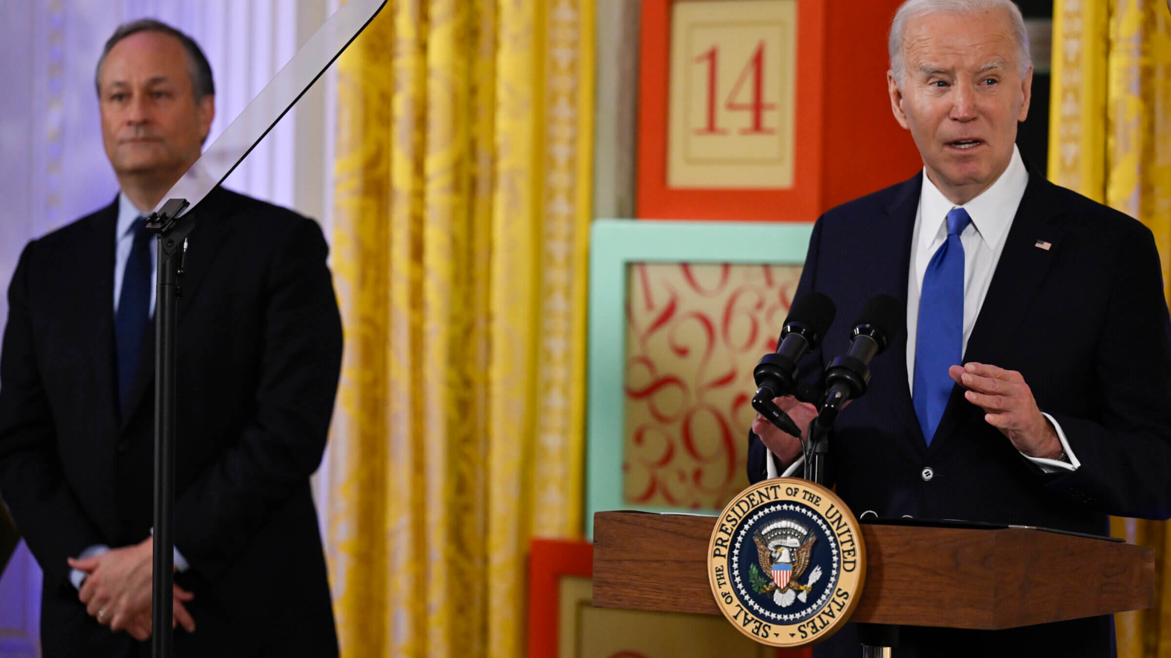 President Joe Biden hosts a Hanukkah reception in the East Room of the White House on Dec. 11 in Washington, D.C..