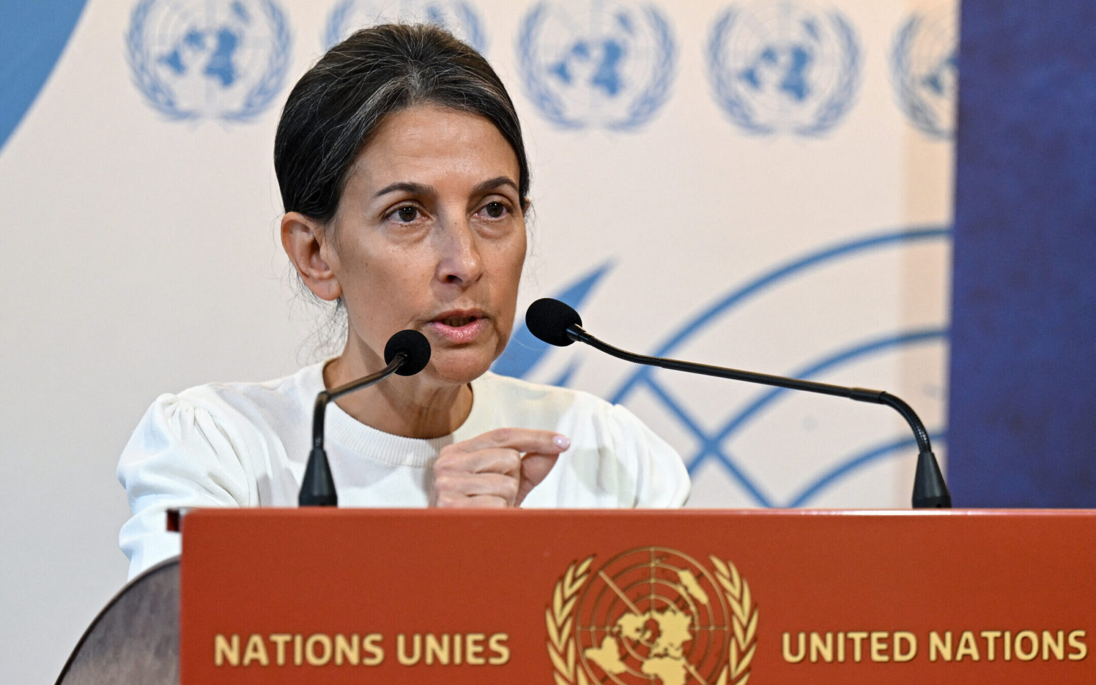 Rachel Goldberg, mother of Hersh Goldberg-Polin, who is a hostage in Gaza, speaks during an event to mark the 75th anniversary of the Universal Declaration of Human Rights, at the United Nations Offices, in Geneva, Dec. 12, 2023. 