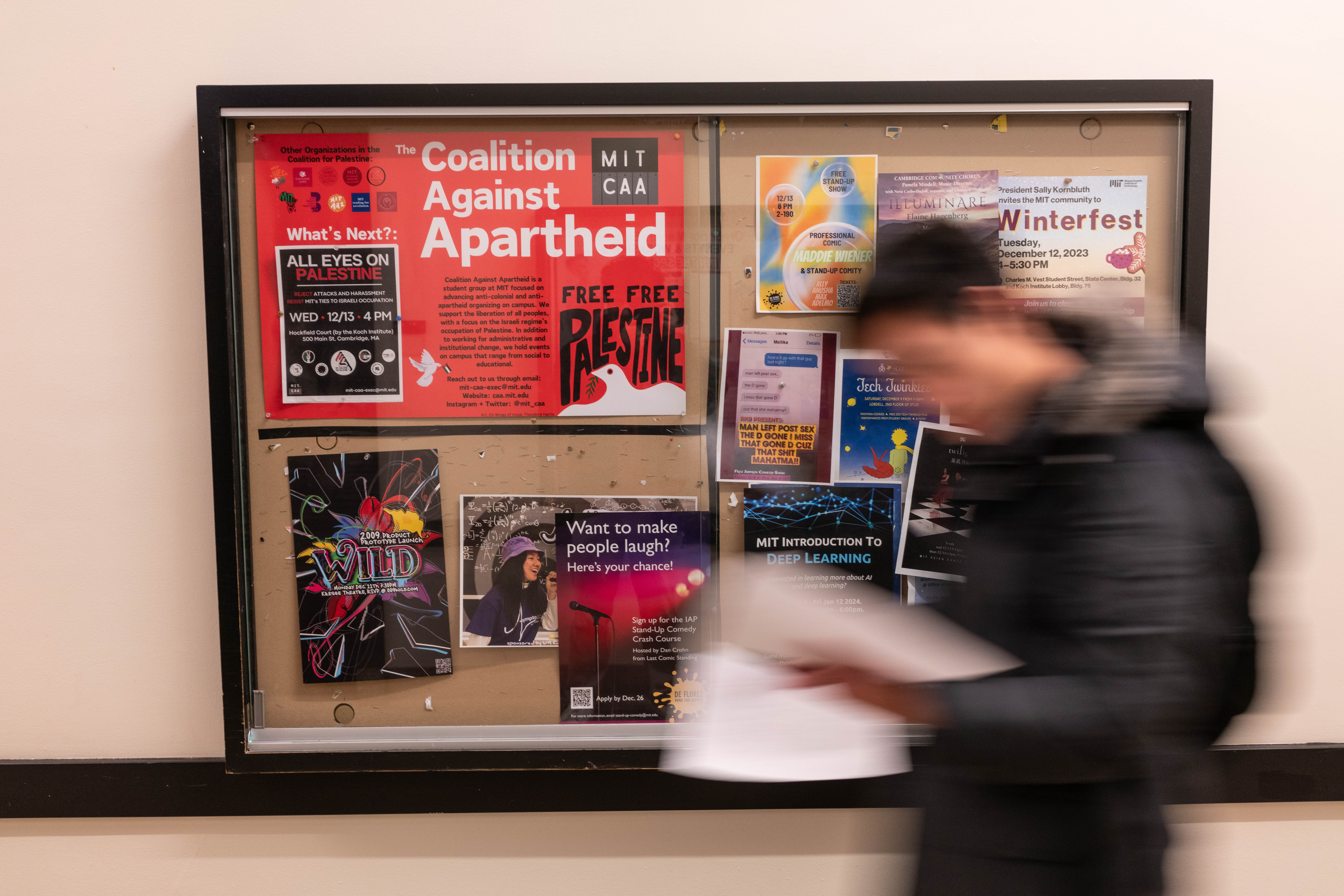 A "Coalition Against Apartheid" poster on the Massachusetts Institute of Technology campus in Cambridge, Mass. on Tuesday, Dec. 12, 2023