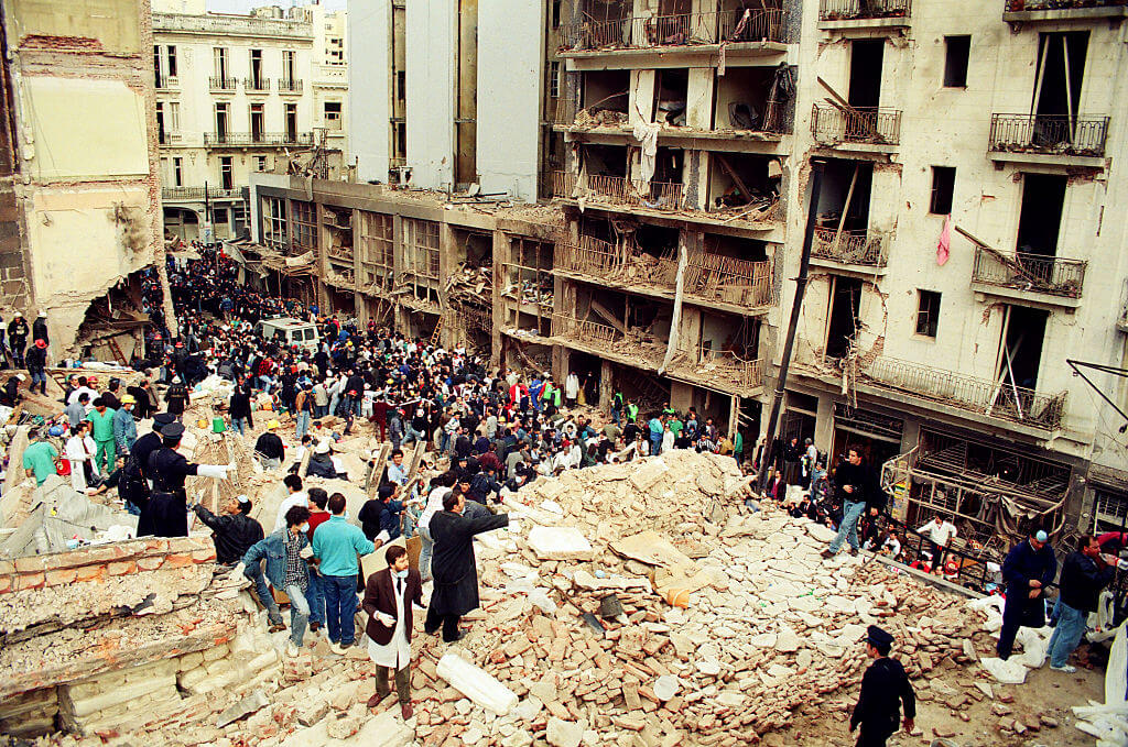Rescue workers sift through the rubble after the Jewish community center was bombed in Buenos Aires in 1994.