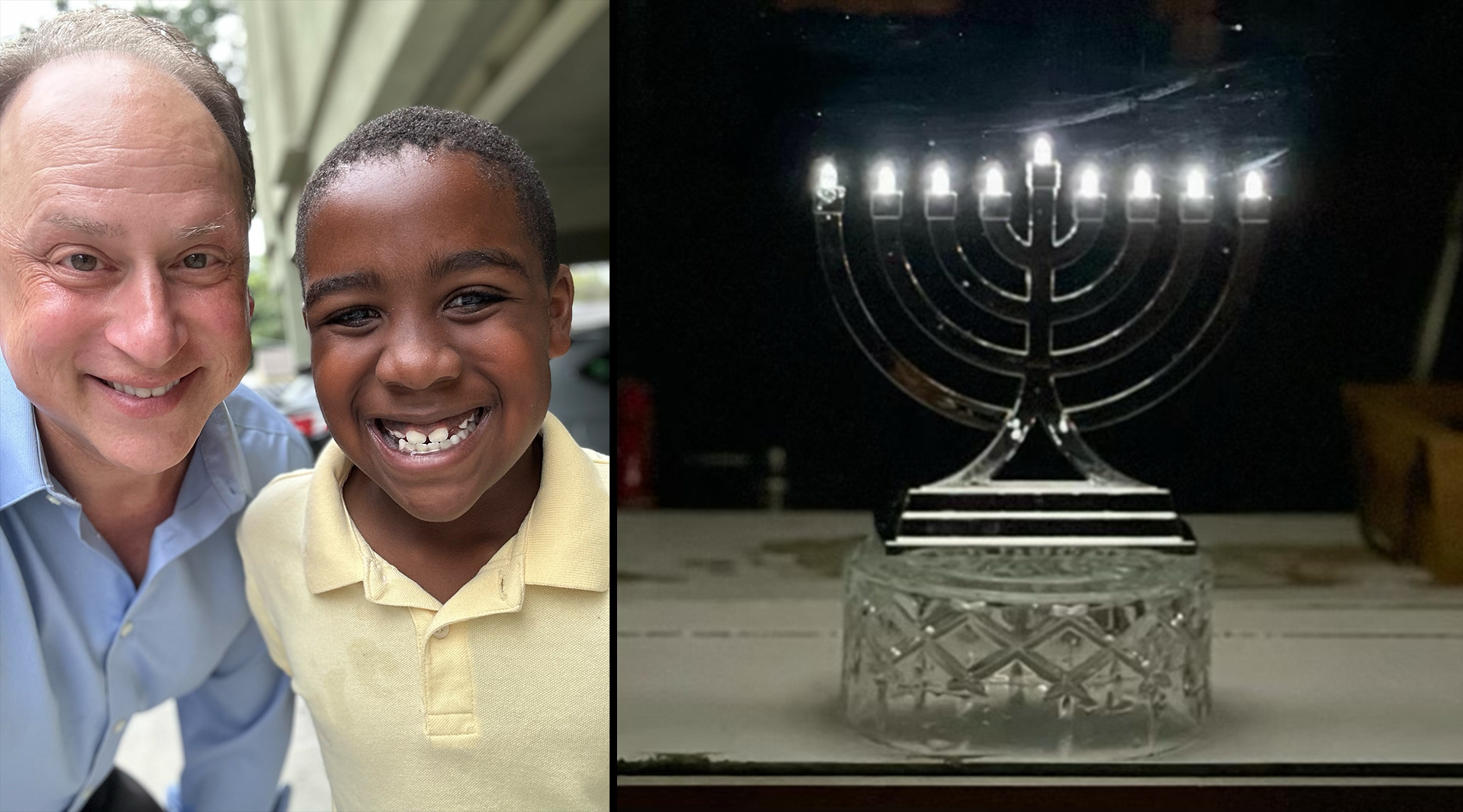 At left: Adam and Jack Kulbersh. (Courtesy Adam Kulbersh). At right, the photo Jennifer Marshall sent them of her Hanukkah menorah. (Courtesy of Jennifer Marshall)