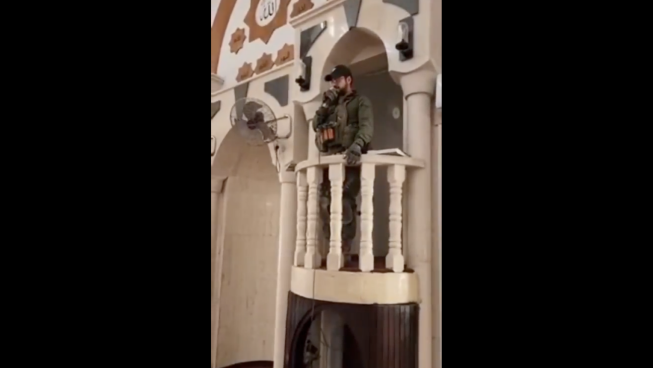 An Israeli soldier can be seen singing from the imam’s platform in a Jenin mosque, in a video that