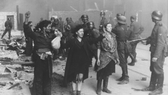 Jews being rounded up during the Warsaw Ghetto Uprising, 1943