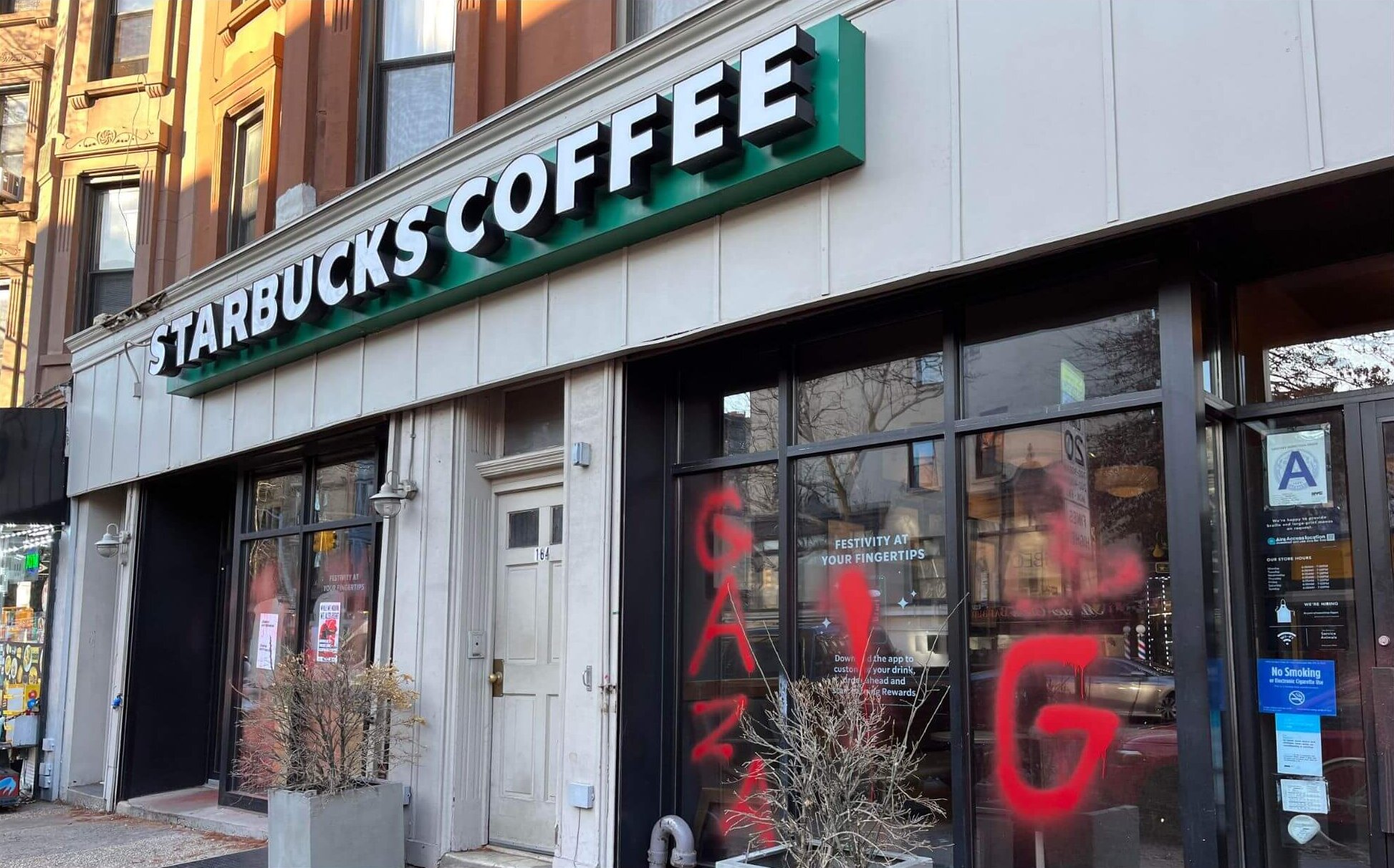 A Starbucks in Brooklyn was vandalized with pro-Palestinian graffiti.