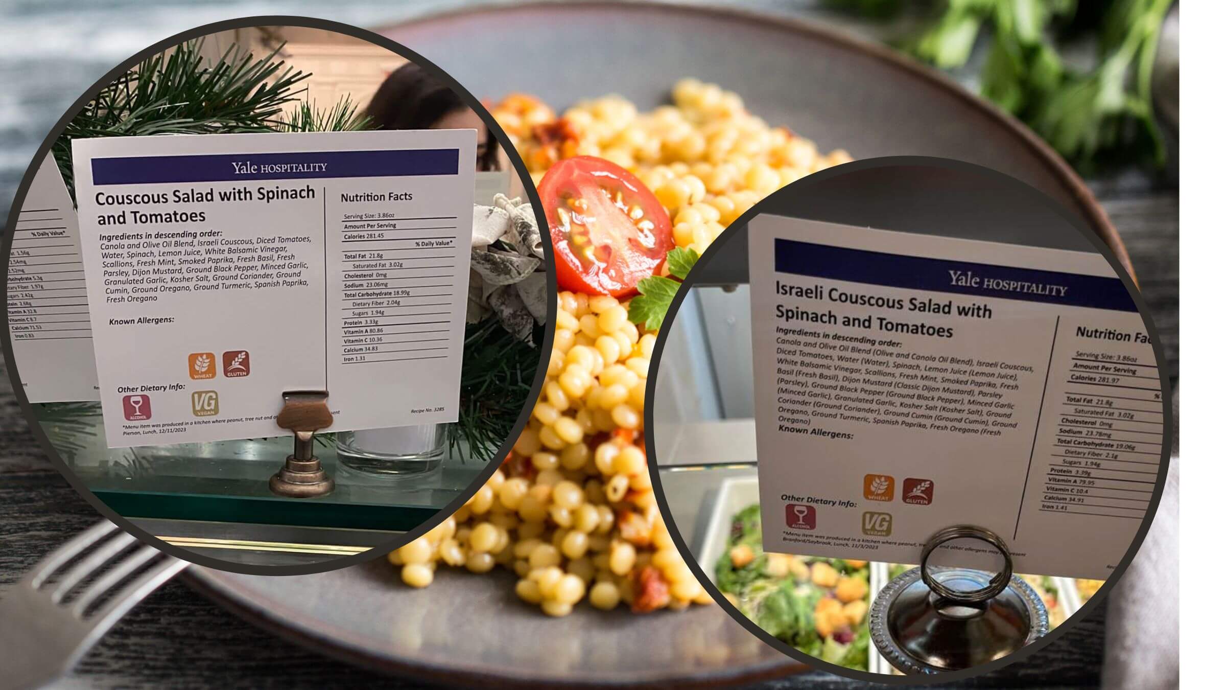 Signs from Yale dining halls describe couscous salad with and without the term 'Israeli.'