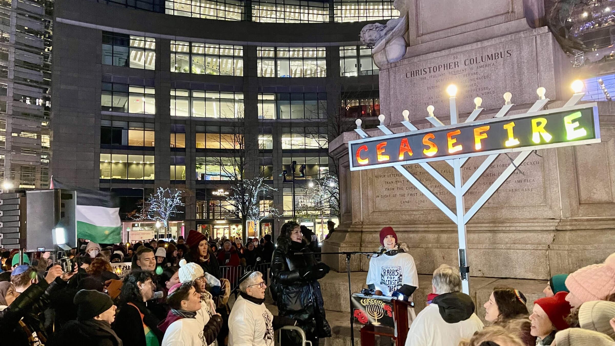 A gathering in Columbus Circle in Manhattan on the first night of Hanukkah to call for a cease-fire in the Israel-Hamas war, on Dec. 6. 