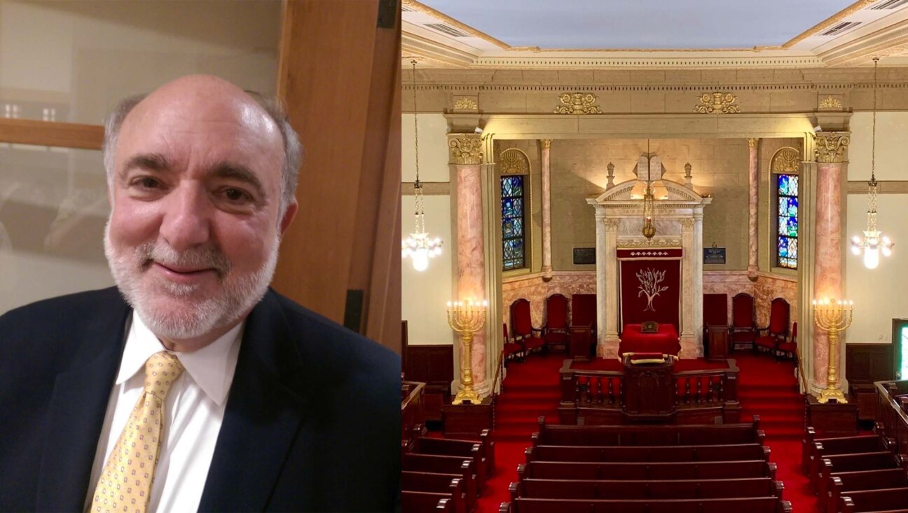 Rabbi Dr. David Ellenson seen next to a photo of The Jewish Center, an Orthodox synagogue in New York City