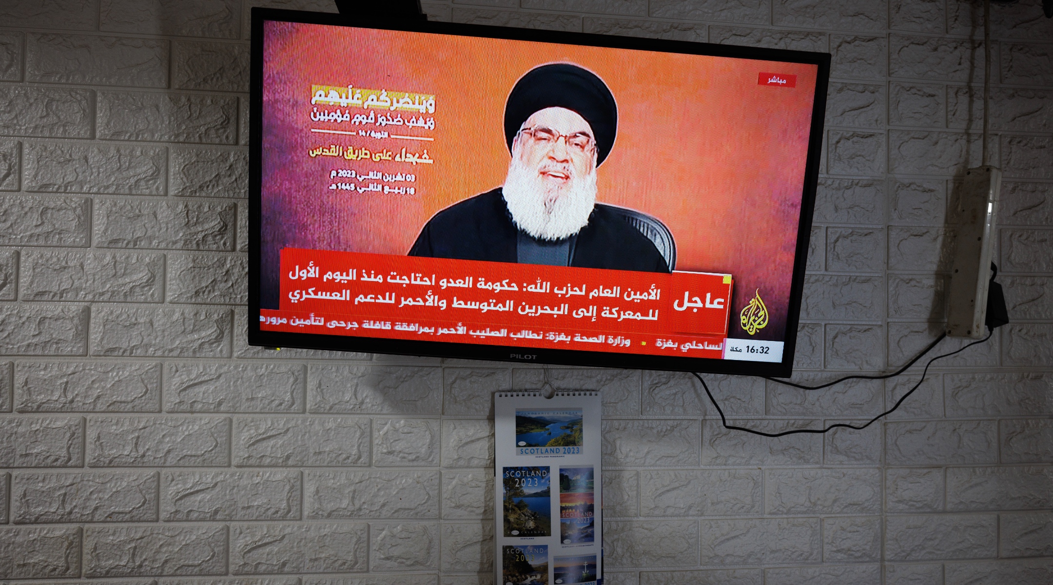 A live televised speech by Lebanon’s Hezbollah chief Hasan Nasrallah, on a TV in the Old City of Jerusalem, Nov. 3, 2023. (Dan Kitwood/Getty Images)
