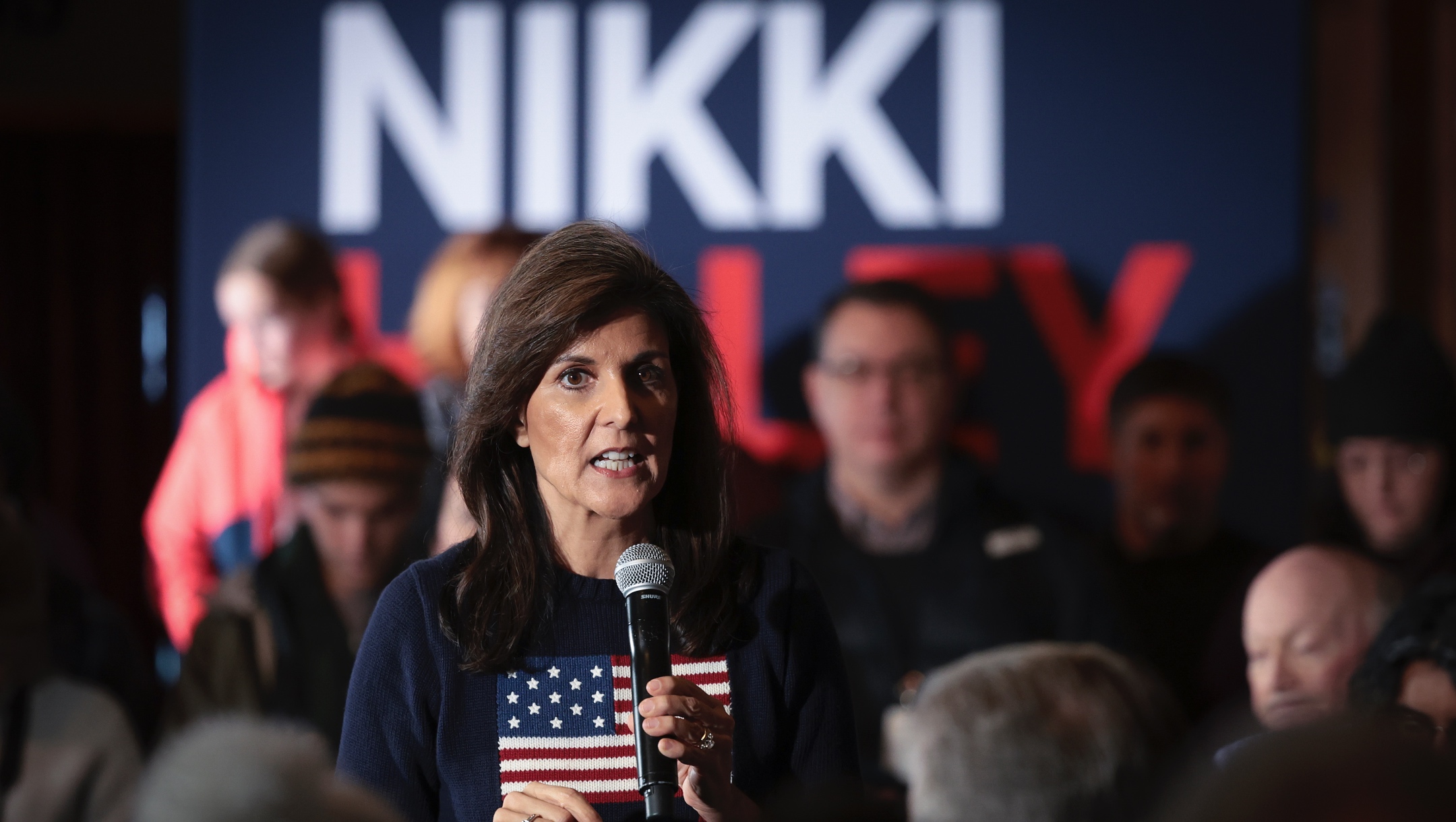 Republican presidential candidate former U.N. Ambassador Nikki Haley speaks during a campaign event at Mickey’s Irish Pub, in Wake, Iowa, Jan. 9, 2024. (Win McNamee/Getty Images)