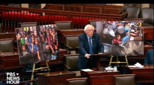 Bernie Sanders, the Vermont senator who caucuses with Democrats, argues for increased oversight of assistance to Israel, in the U.S. Senate, Jan. 15, 2024. 