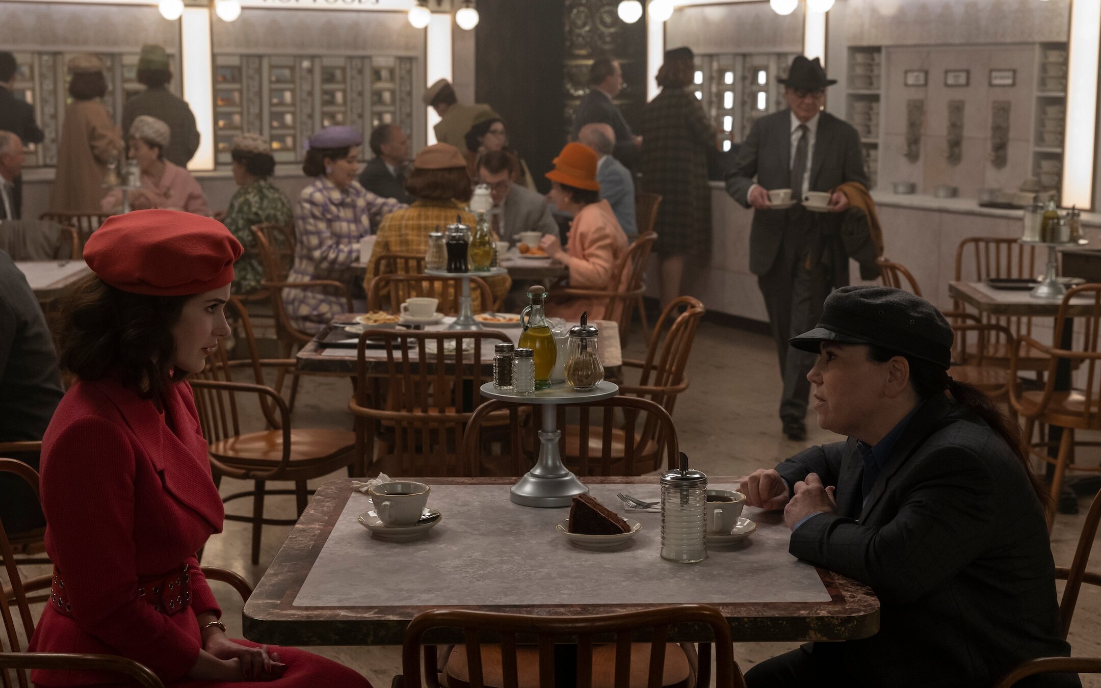 Rachel Brosnahan and Alex Borstein in a scene from the fifth season of “The Marvelous Mrs. Maisel.” (Philippe Antonello/Prime Video)