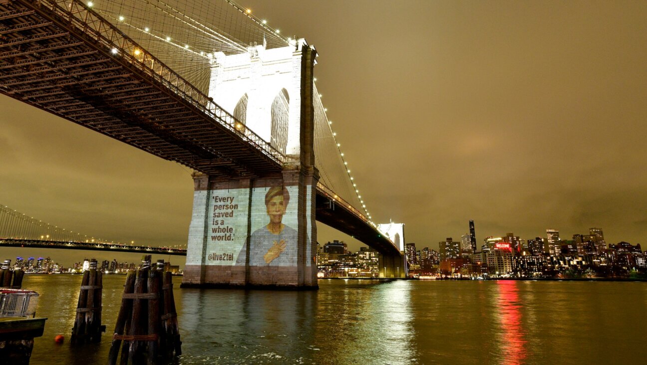 An image of Faye Tzippy Holand, an 83-year-old Holocaust survivor, projected on Brooklyn Bridge, Jan. 27, 2024, New York City. (Eugene Gologursky)