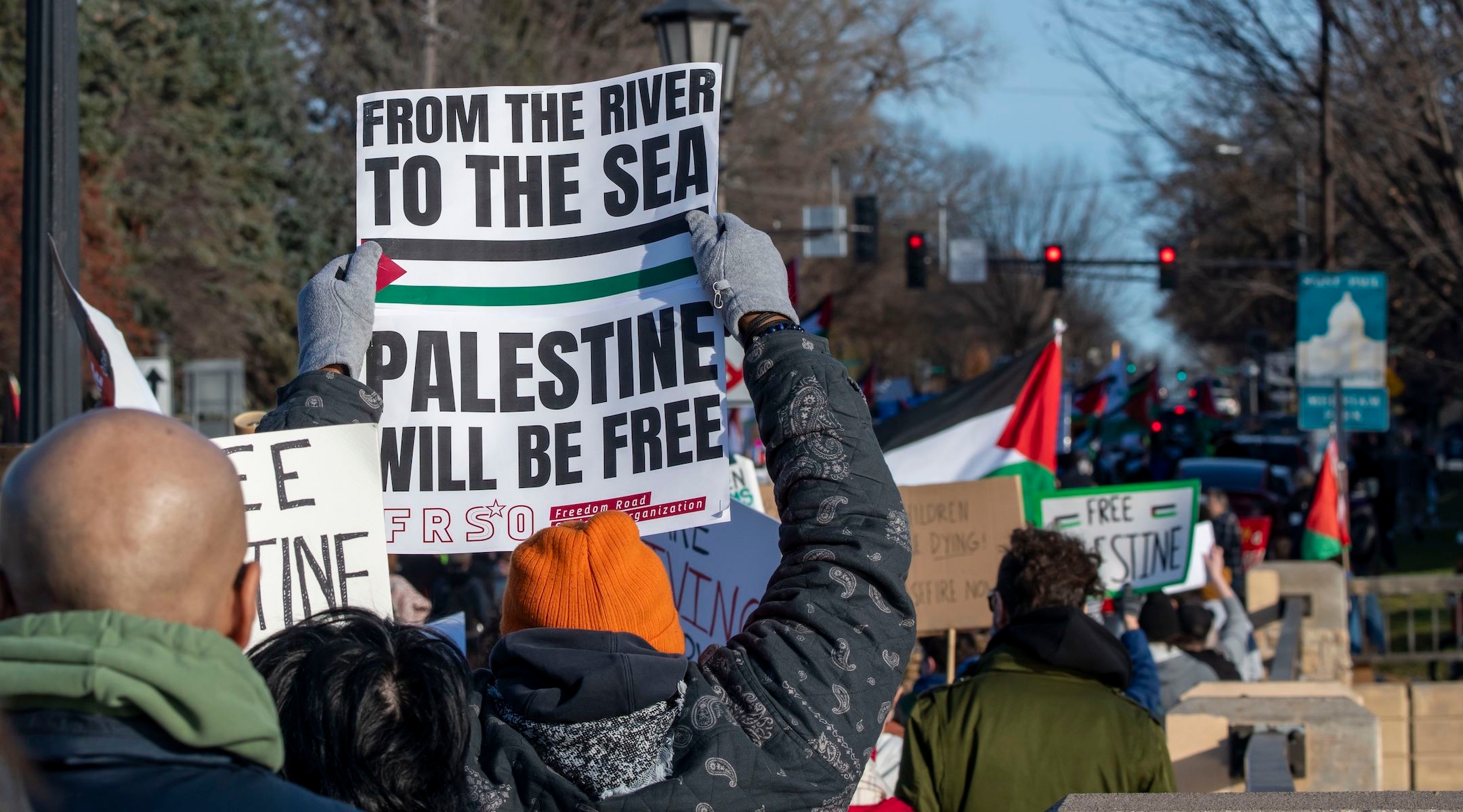 Protesters at a pro-Palestinian rally in St. Paul, Minnesota, push the state to divest from Israel in the wake of the war in Gaza, Nov. 19, 2023. (Michael Siluk/UCG/Universal Images Group via Getty Images)