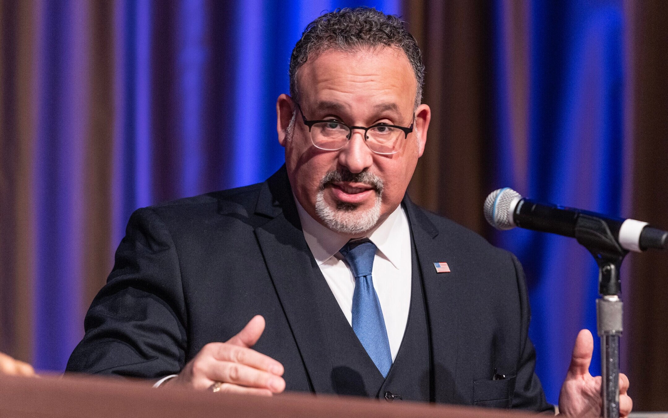 Miguel Cardona, secretary of the U.S. Department of Education, participates in a public event in New York City, April 12, 2023. (Lev Radin/Pacific Press/LightRocket via Getty Images)