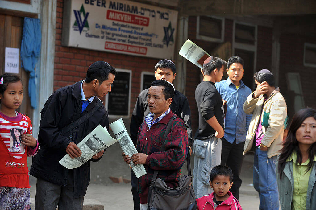 Members of the Bnei Menashe community exit the Beith Shalom Synagogue on Feb. 18, 2012, in the Churachandpur district of the northeastern India state of Manipur. 