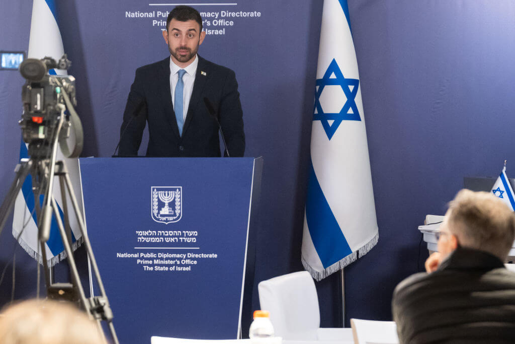 Eylon Levy, Israeli government spokesperson, speaks to members of the media on November 28, 2023 in Tel Aviv, Israel.