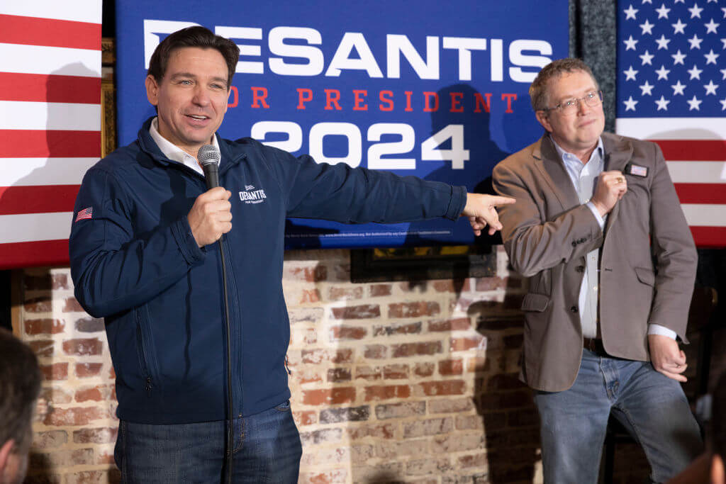 Florida Gov. Ron DeSantis and Rep. Thomas Massey (R-Ky.) during a campaign event in Iowa Jan. 5.