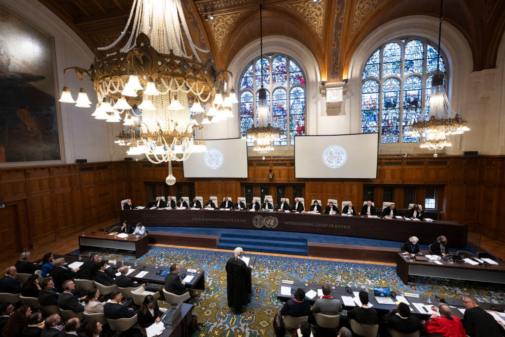 Barrister Malcolm Shaw speaks on behalf of the Israeli delegation as it defended itself against claims of genocide in front of the International Court of Justice at The Hague on Jan. 12, 2024.