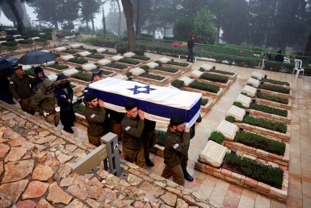 Israeli troops carry the coffin of fellow soldier Captain Elkana Vizel during his funeral in the Mount Herzl military cemetery in Jerusalem on January 23, 2024, a day after he was killed in combat in Gaza.