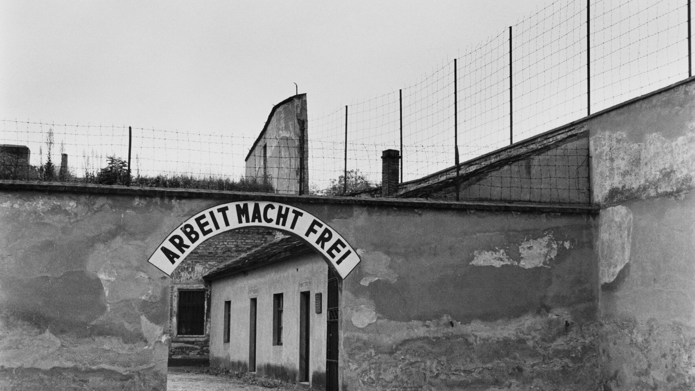 The slogan "Arbeit Macht Frei" is seen over the gateway to the Nazi concentration camp of Theresienstadt.