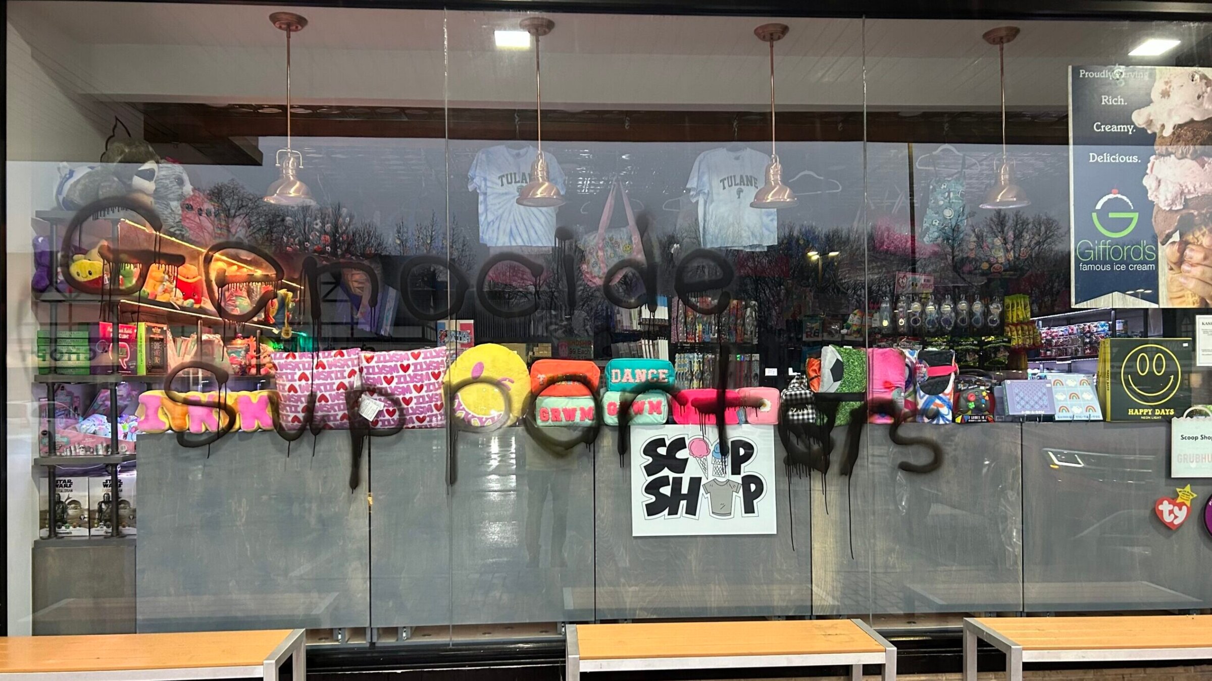 Graffiti on the facade of the Scoop Shop, a Scarsdale ice cream and gift store, Jan. 25, 2024. (Courtesy/Adam Deutsch)