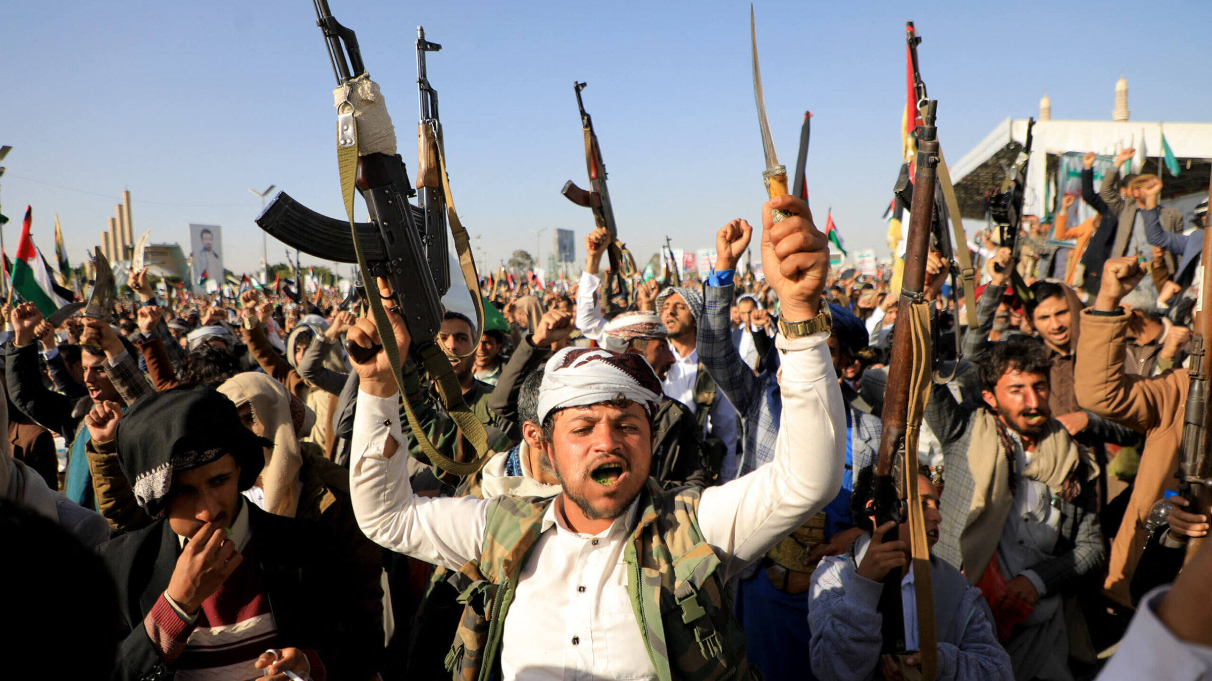 Houthi fighters during a protest following U.S. and British strikes, in the capital Sanaa, Jan. 12. The Iranian-backed militia claims it is attacking shipping lanes in solidarity with Palestinians in Gaza. 