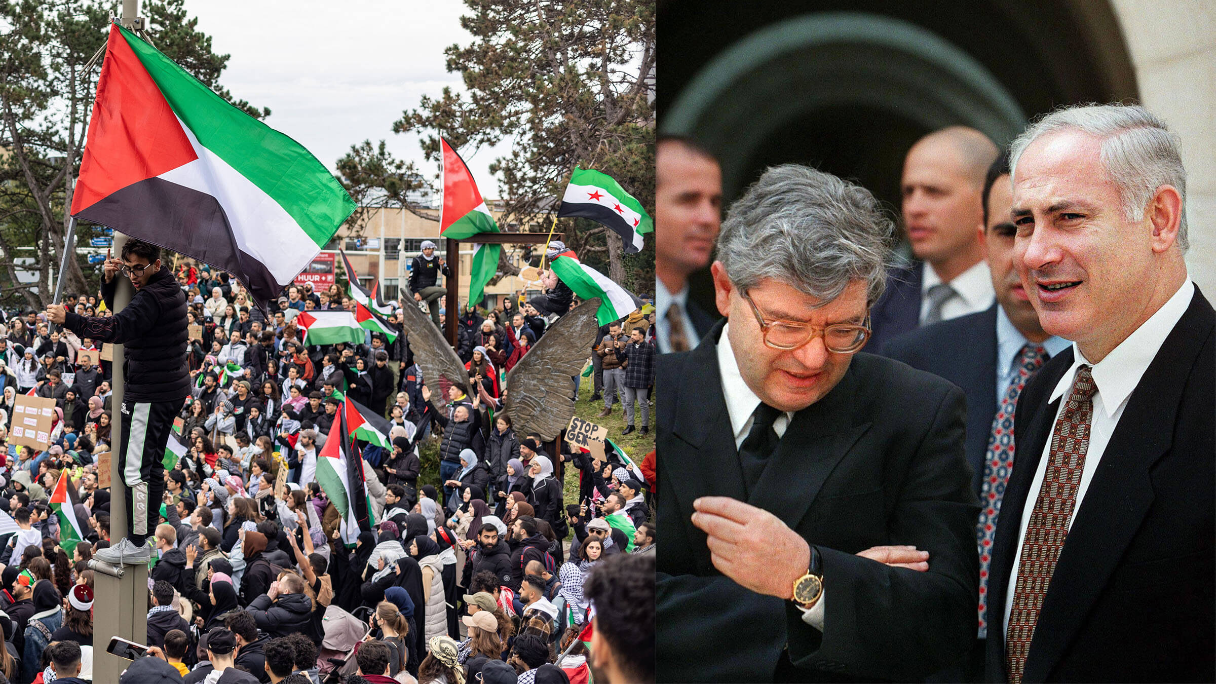 Left: A pro-Palestinian protest in front of The Hague on Oct. 18, 2023. Right: Israeli Prime Minister Benjamin Netanyahu and Supreme Court Chief Justice Aharon Barak meet in Jerusalem on Oct. 28, 1997.