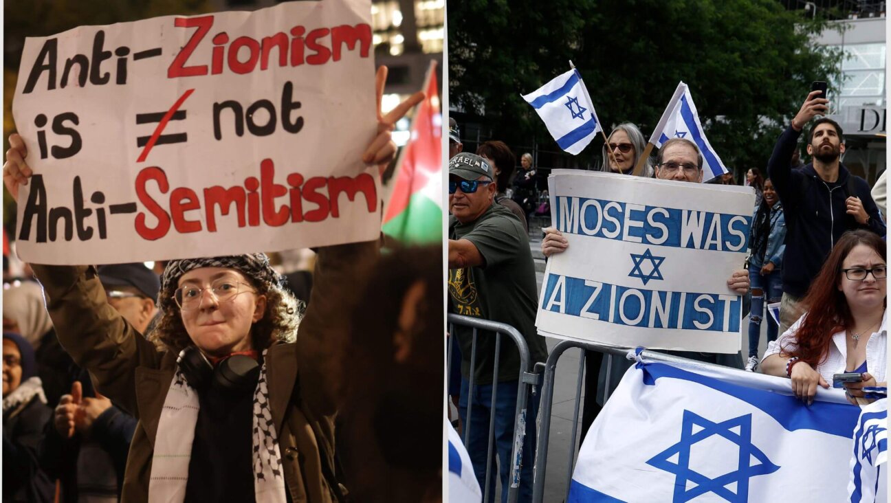 L - A woman holds a sign "Anti-Zionism is not Anti-Semitism" at a pro-Palestinian march in Berlin, Germany, Nov. 4, 2023; R - A man holds a sign saying "Moses was a Zionist" at the Israel Day Parade in New York, June 4, 2023. 