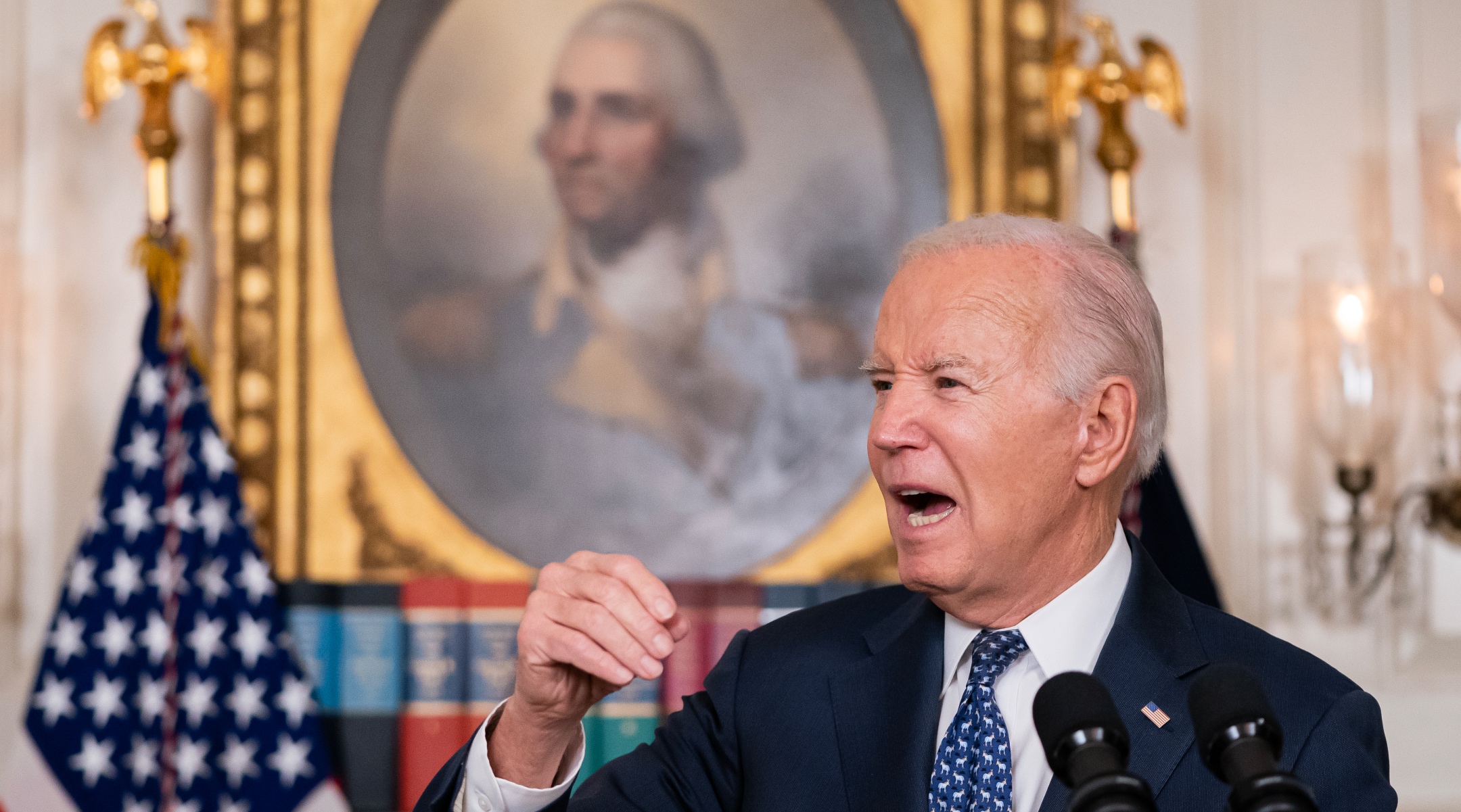 U.S. President Joe Biden delivers remarks in the Diplomatic Reception Room of the White House, Feb. 8, 2024. (Nathan Howard/Getty Images)