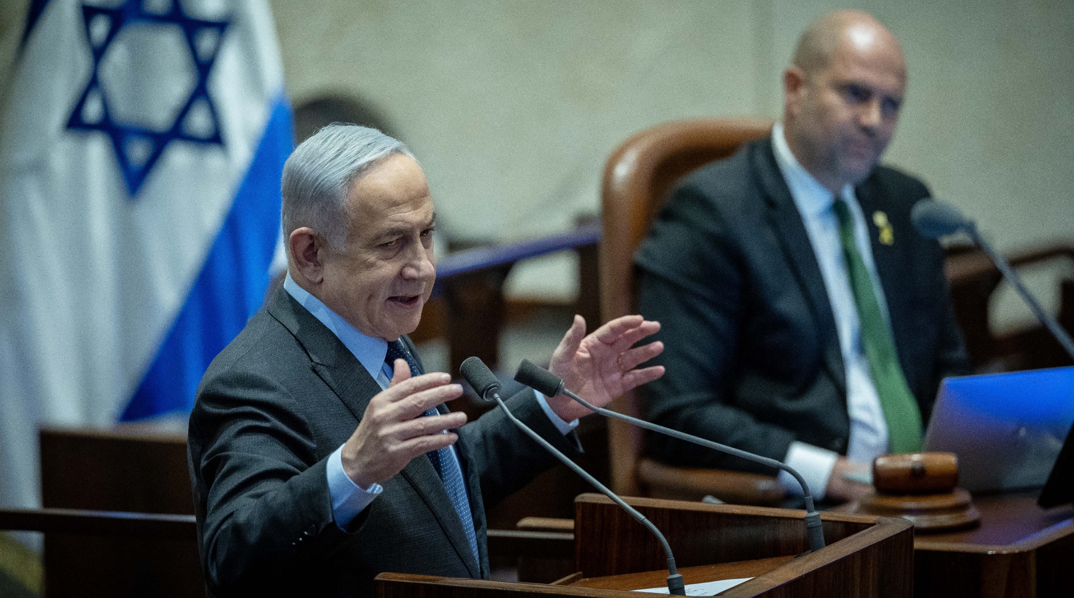 Israeli prime minister Benjamin Netanyahu speaks during a plenum session at the assembly hall of the Knesset, the Israeli parliament in Jerusalem, Feb. 19, 2024. (Yonatan Sindel/Flash90)