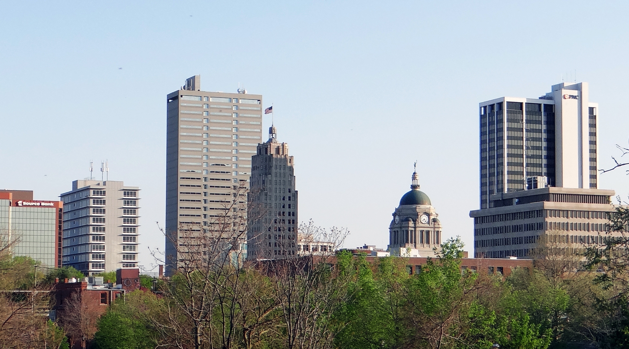 The skyline of Fort Wayne, Indiana, May 10, 2014. (Momoneymoproblemz via Wikimedia Commons)