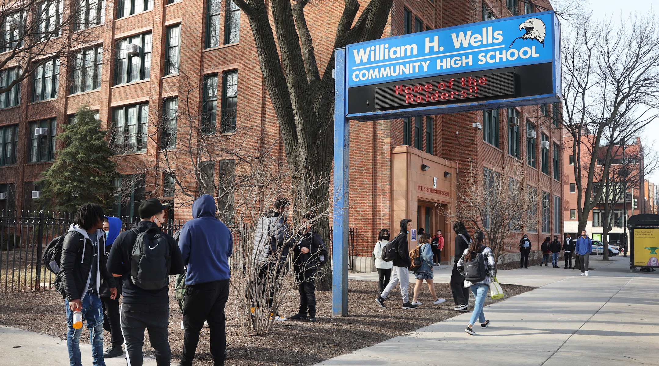 Students leave William Wells High School, part of Chicago Public Schools, March 14, 2022, in Chicago Illinois. CPS is the subject of a new federal Title VI discrimination investigation with the Department of Education. (Scott Olson/Getty Images)