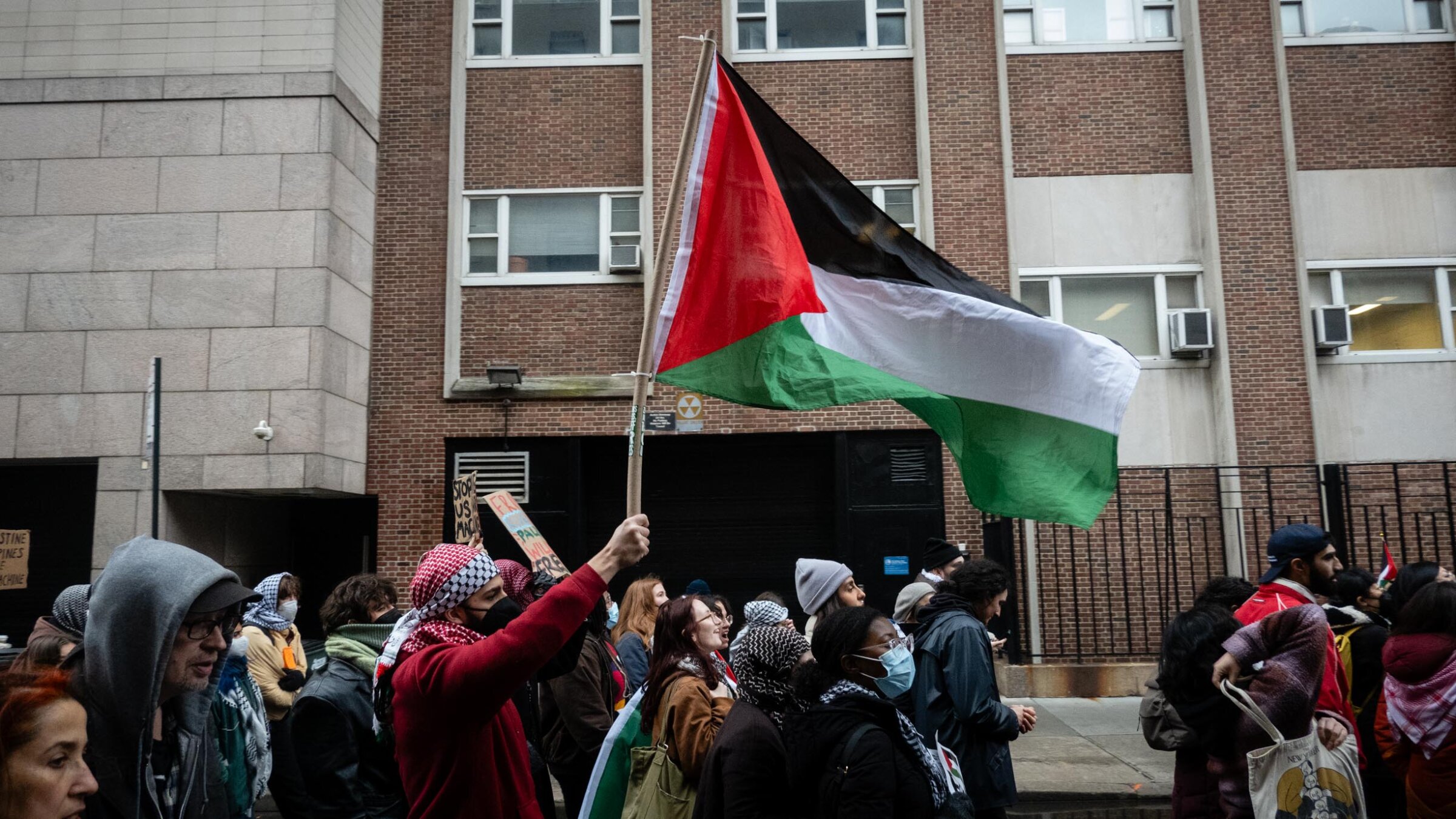 Pro-Palestinian protesters near Columbia University in Manhattan, February 2, 2024. (Luke Tress)