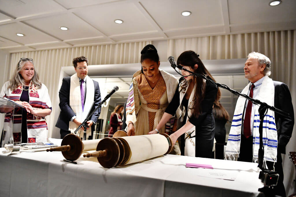 From left, Rabbi Susan Silverman, Rabbi Yoshi Zweiback, Tiffany Haddish, Aliza Rose Silverman and Billy Crystal at Haddish's 2019 bat mitzvah celebration in Beverly Hills, California. 