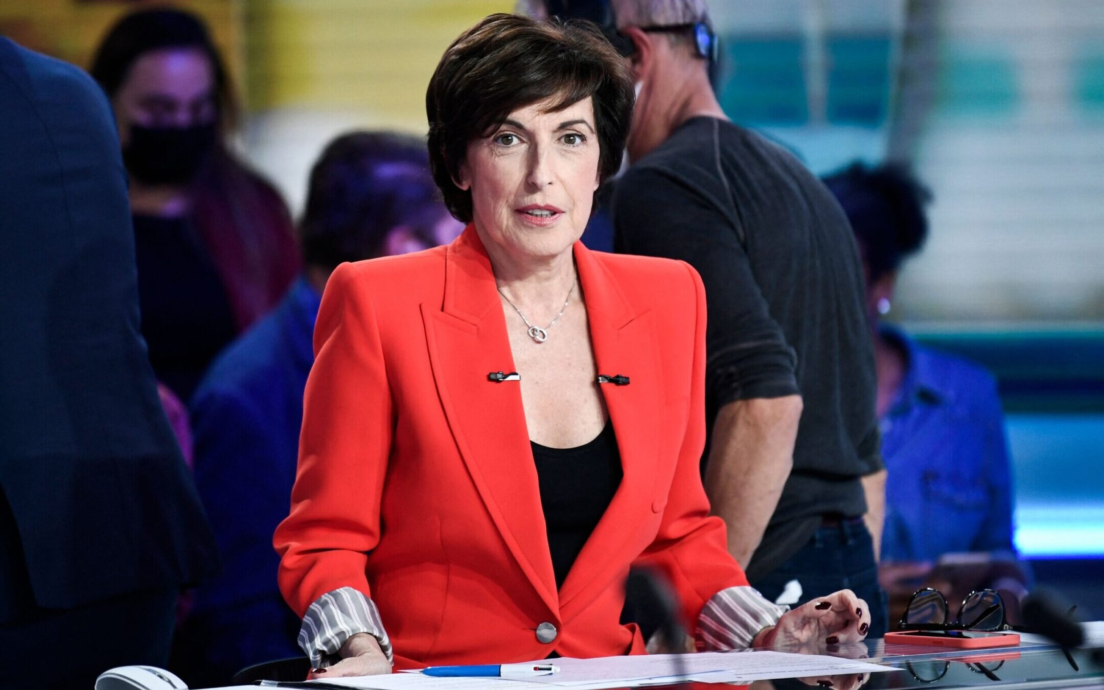 French TV host Ruth Elkrief looks on during a TV debate at LCI television studios in Paris, Sept. 22, 2021. (Photo by Stephane de Sakutin/AFP via Getty Images)