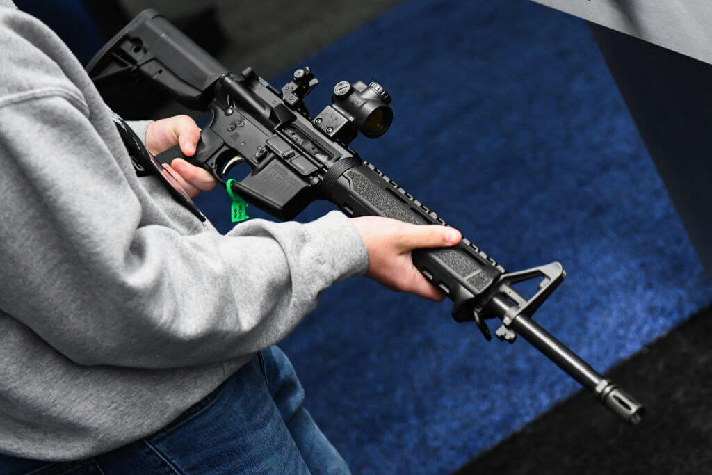 An AR-15-style rifle displayed at a 2022 National Rifle Association meeting in Houston.